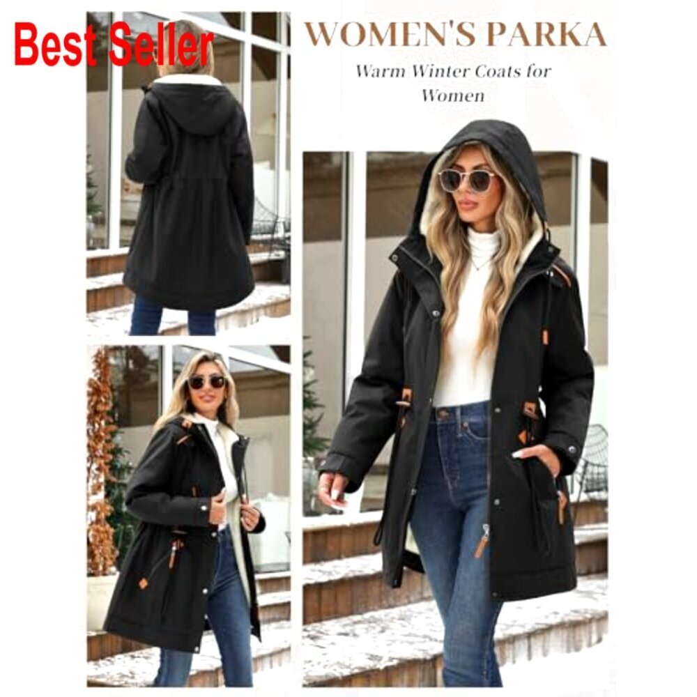 Faux Fur Lined Parka Jacket with Waterproof Hooded Mid-Length Coat - Picture 2 of 7
